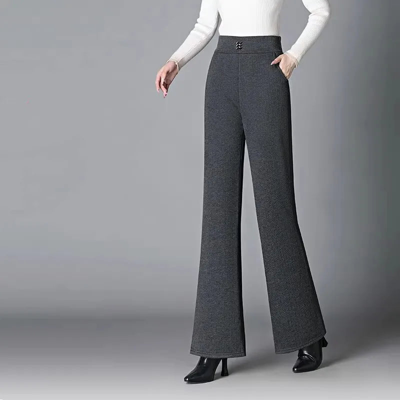 Women's Woolen Flared Pants High Waist Elastic Polyester Fiber Warm Casual Trousers for Autumn Winter 2025 New Style