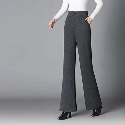 Women's Woolen Flared Pants High Waist Elastic Polyester Fiber Warm Casual Trousers for Autumn Winter 2025 New Style