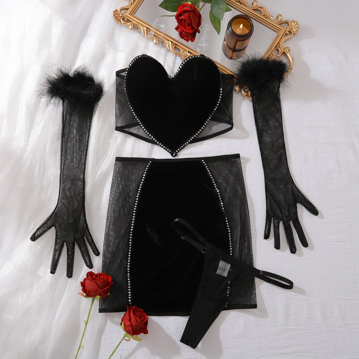 Luxury Lingerie Sexy Red Strapless Love Vest Wrap Hip Dress Set Comfortable See Through Mesh Erotic Four Piece Set
