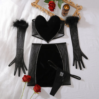 Luxury Lingerie Sexy Red Strapless Love Vest Wrap Hip Dress Set Comfortable See Through Mesh Erotic Four Piece Set