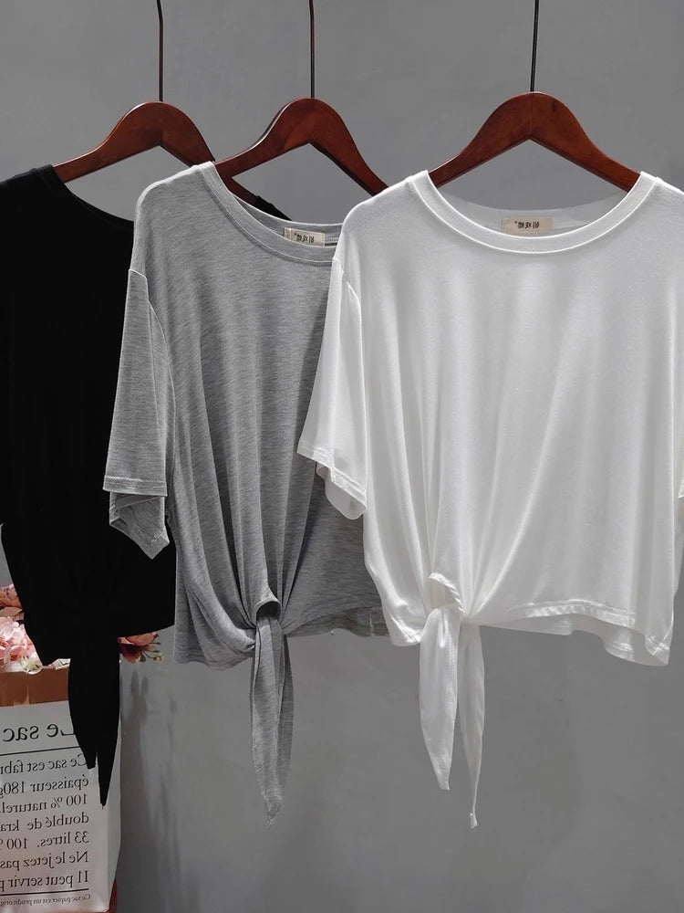 Ultra Soft Skin-Friendly Modal Summer Loose Short Sleeve T-Shirt Women's Asymmetrical Knot Waist Yoga Top Korean Style