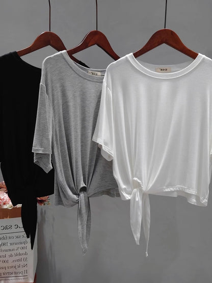 Ultra Soft Skin-Friendly Modal Summer Loose Short Sleeve T-Shirt Women's Asymmetrical Knot Waist Yoga Top Korean Style
