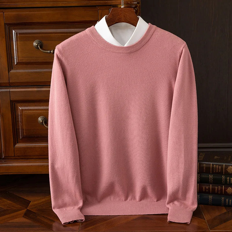 Autumn Winter Men's O-Neck Merino Wool Sweater New Versatile Basic Cashmere Pullover Casual Business Knitwear Sweater