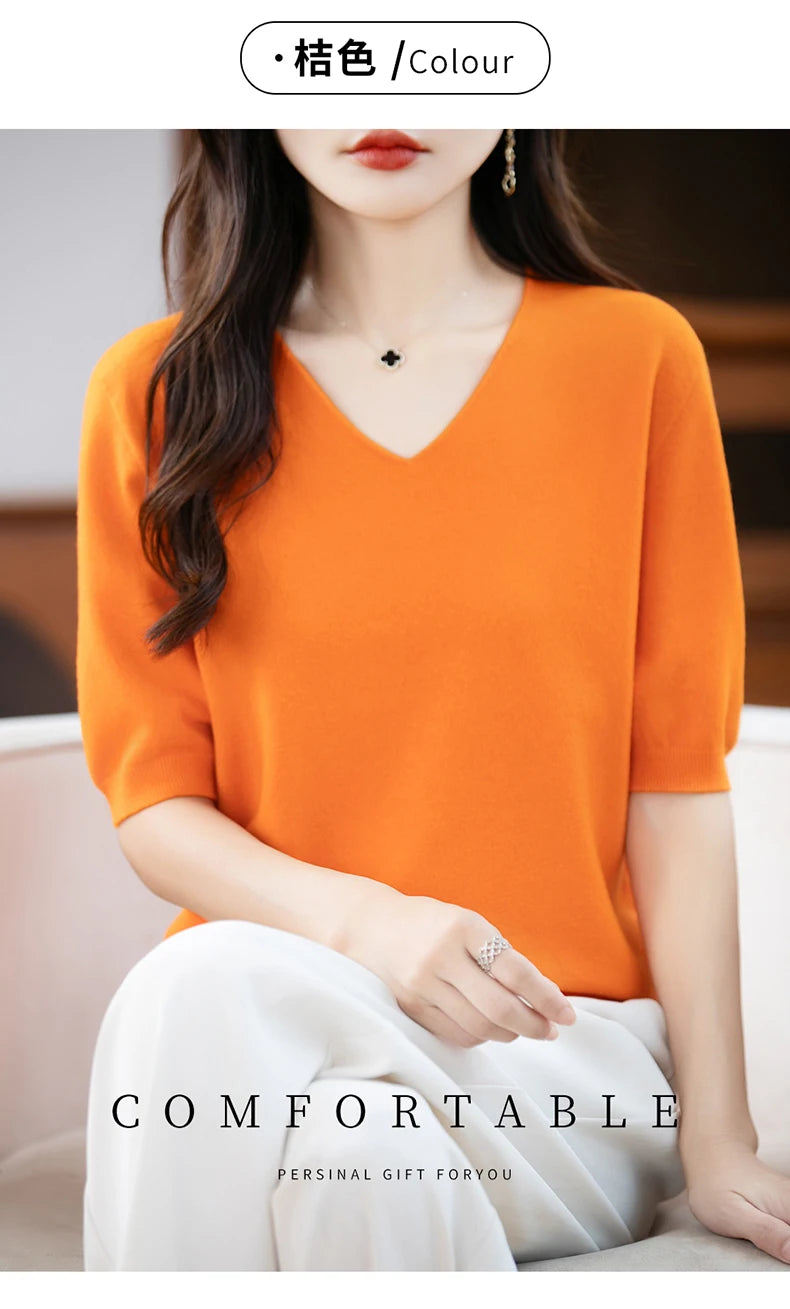 Thin Worsted Wool Short-Sleeved Women's Loose Round Neck T-shirt Printed Summer Fashion Knitted Bottoming Shirt Half-Sleeved