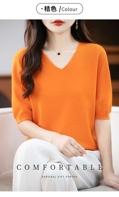Thin Worsted Wool Short-Sleeved Women's Loose Round Neck T-shirt Printed Summer Fashion Knitted Bottoming Shirt Half-Sleeved