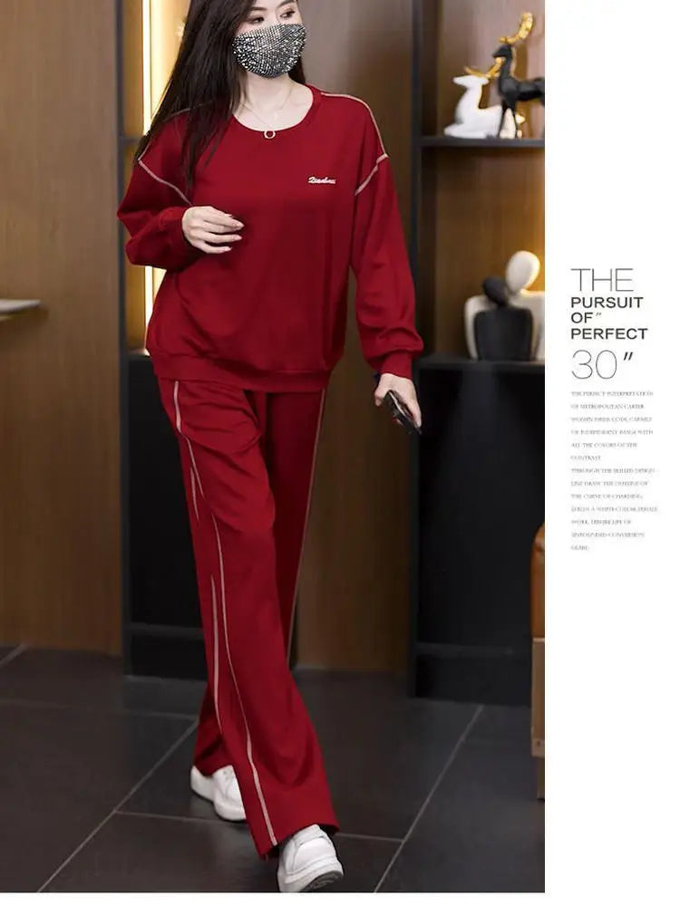 Ladies Large Size Cotton Embroidered Sportswear Set Casual Long Pants Two-Piece Fashionable Outfit for plus Size Women