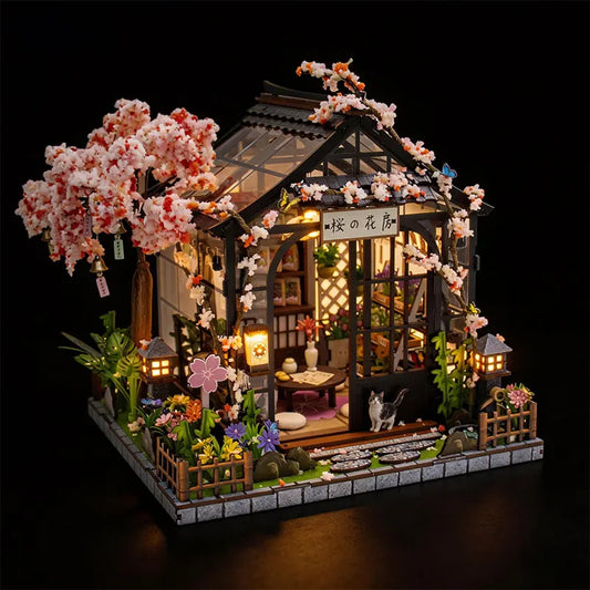 DIY Miniature Dollhouse Kit Japanese Sakura Greenhouse with LED Light Included 3D Wooden Puzzle of Furniture Decor Craft Gifts