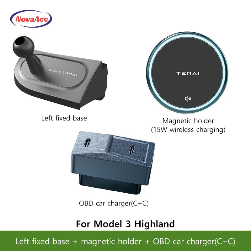 NovaAcc Magnetic Wireless Charging Mount For Tesla Model Y Juniper Model 3 Highland 2024-2026 Left Right Rudder Car Phone Holder