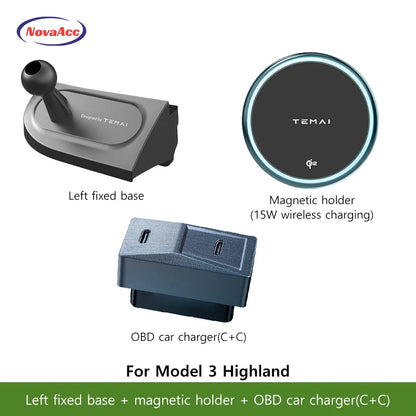 NovaAcc Magnetic Wireless Charging Mount For Tesla Model Y Juniper Model 3 Highland 2024-2026 Left Right Rudder Car Phone Holder