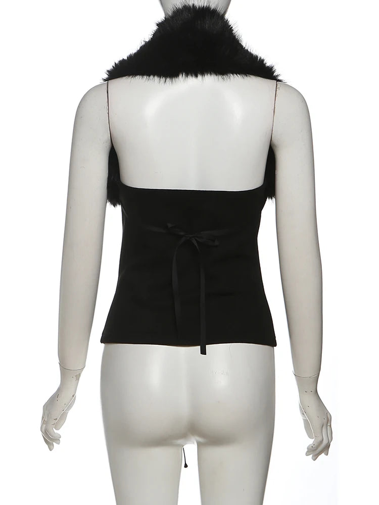Sisterlinda Furry Patchwork Sexy Tank Top Women Y2K Halter Backless Shirring Sleeveless Stretch Coquette Midnight Party Clubwear