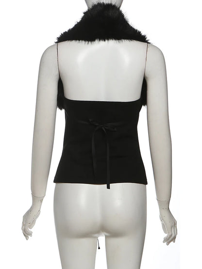 Sisterlinda Furry Patchwork Sexy Tank Top Women Y2K Halter Backless Shirring Sleeveless Stretch Coquette Midnight Party Clubwear