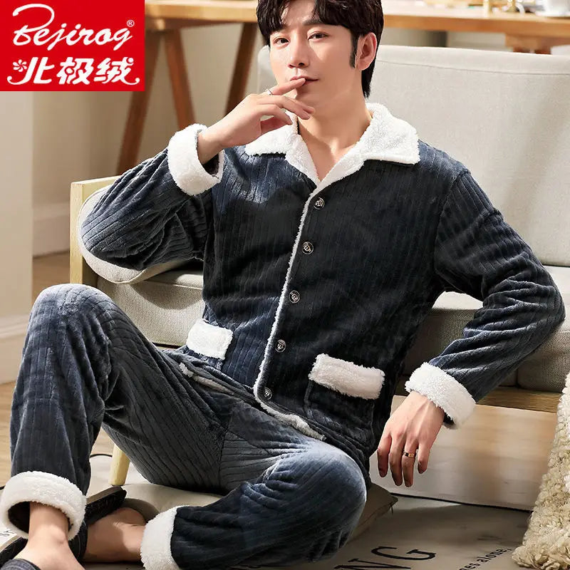 Pajama Sets Flannel Pajamas Men's Winter Thickening Warm Suit Long-sleeved Loose Home Clothes Autumn Cardigan