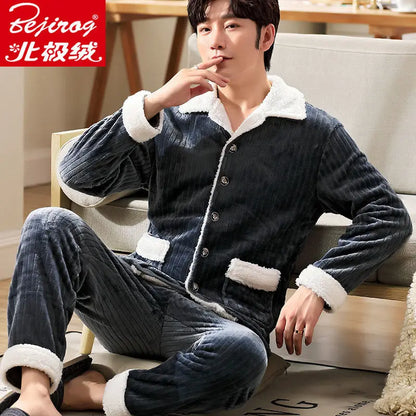 Pajama Sets Flannel Pajamas Men's Winter Thickening Warm Suit Long-sleeved Loose Home Clothes Autumn Cardigan