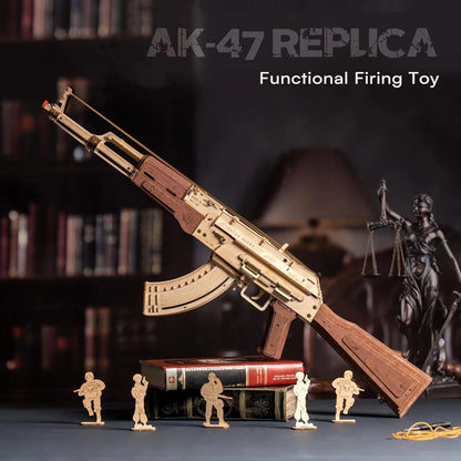 ROKR AK47 wooden rifle model toy, DIY rubber band gun, 3D wooden model assembly kit, single shot/burst mode