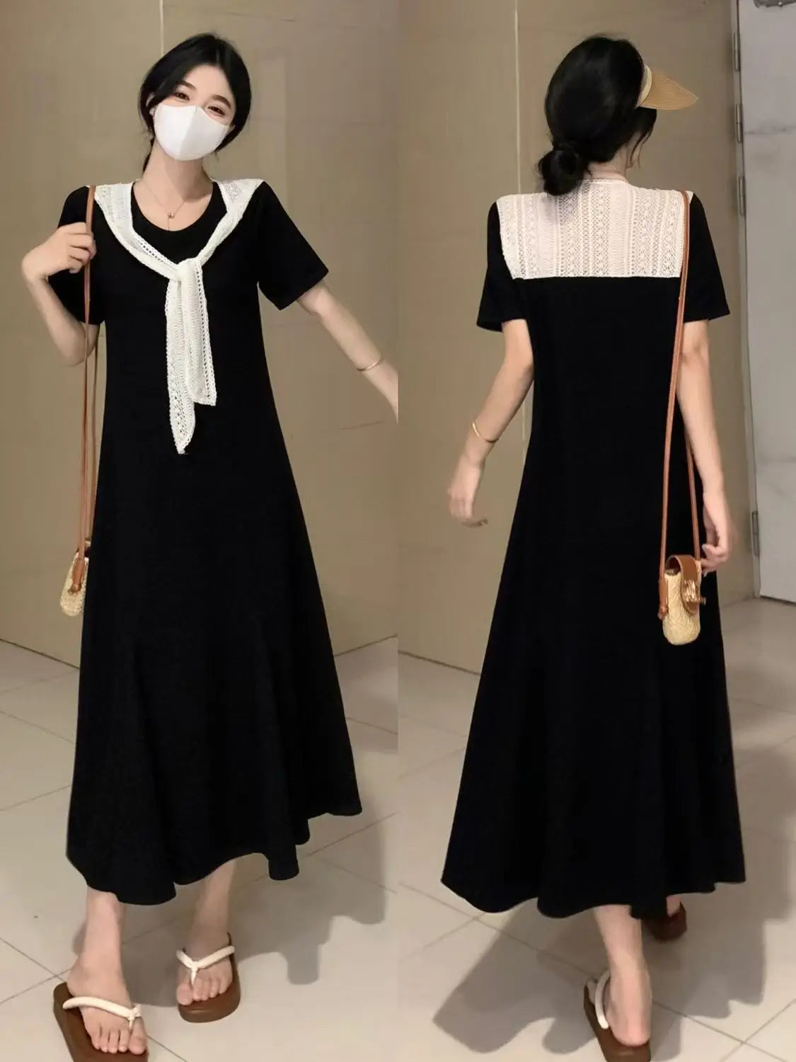 Naval Collar Lace Trim Slimming Long Dress French Style Loose Fit Mommy's Summer Dress mid Waist Design Casual  Knot