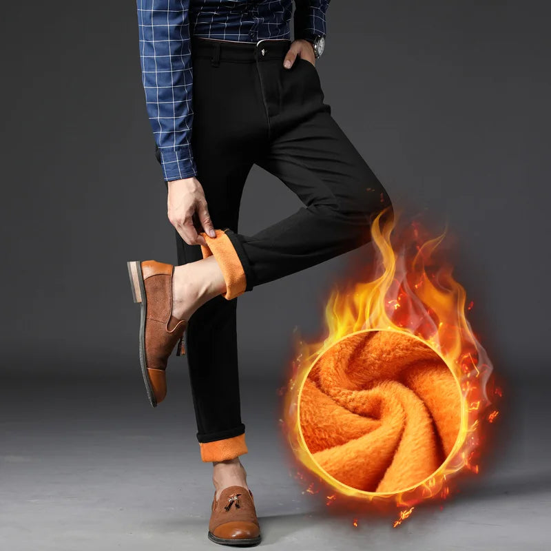 Men Winter Snow Warm Thermal Pants Straight Leg Cool Loose Pants Thicken Fleece Long Korean Business Blue Gray Khaki Trousers