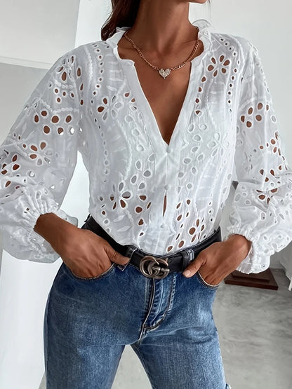 New Loose Elegant V Neck Hollow Out Lace Shirt Long Sleeve Fashion Women Office Sweet Blouse Casual Ruffle Solid Color Top