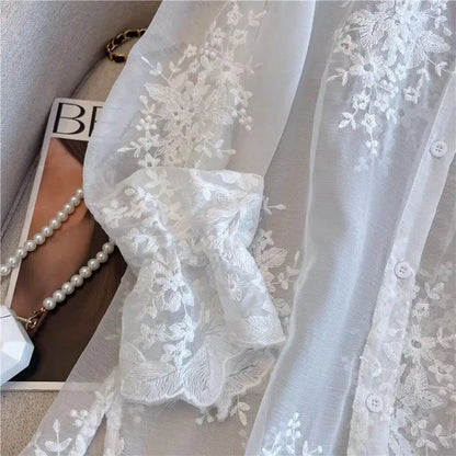 Elegant Thin Lace Hat Shirt Women's Loose Fit Summer 2025 plus Size Slimming Korean Style Long Sleeve Button up