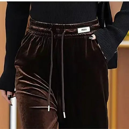 Fashionable Gold Velvet Wide Leg Pants Women's Winter Loose Slimming High Waist Fleece Casual Straight Long Trousers