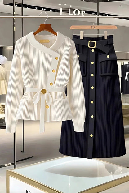 Elegant Autumn Winter Knitted Sweater Long Sleeve Women's Skirt Set High Waist Loose Fit Fashionable Two-Piece Ensemble