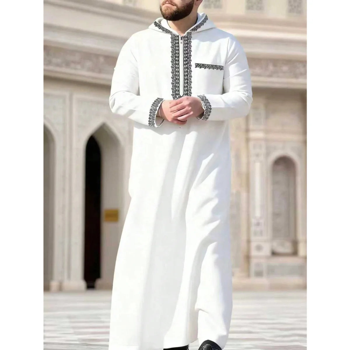 New Muslim men's long robe, Islamic hooded ethnic clothing, elegant retro MiddleEastern embroidery men's simple casual long robe