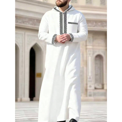 New Muslim men's long robe, Islamic hooded ethnic clothing, elegant retro MiddleEastern embroidery men's simple casual long robe