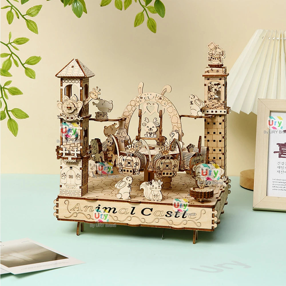 Rotatable DIY 3D Wooden Puzzles Electric Zoo Animals Amusement Park Turntable Model Mechanical Kits Decor Toys Gifts