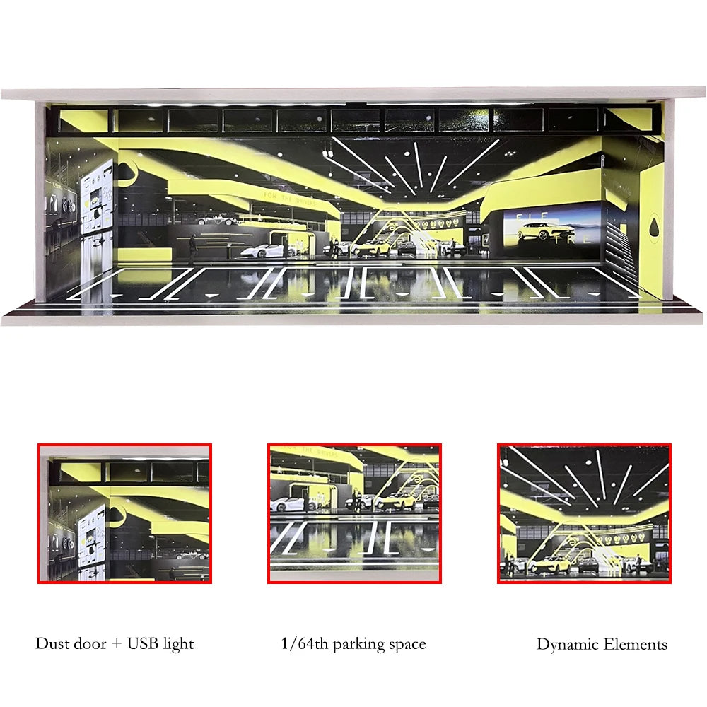1/64 Scale Diecast Car Garage Diorama Model Miniature Case LED Light Parking Garage Diorama Kit for Collectible Cars Model