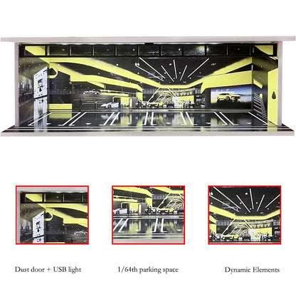 1/64 Scale Diecast Car Garage Diorama Model Miniature Case LED Light Parking Garage Diorama Kit for Collectible Cars Model