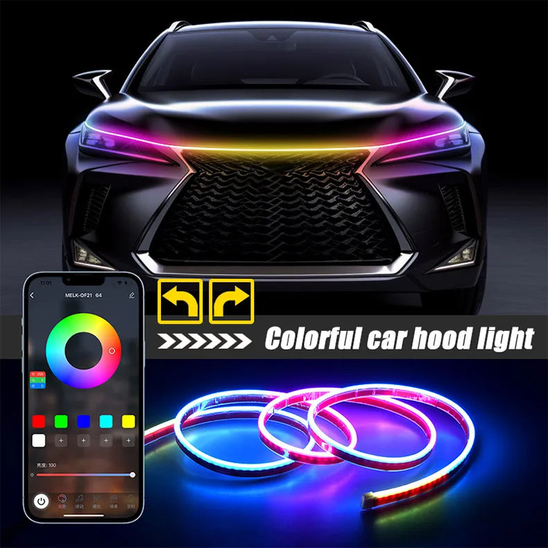 RGB Hood Light Daytime Running Lights For 12V Car APP Control Multi-function Led neon Strip Running Lights Automotive Supplies