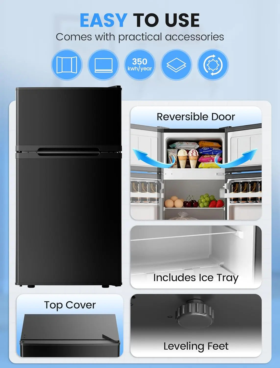 2.5 Cu.Ft Dorm Fridge with Freezer, Double Reversible Door Compact Refrigerator with 2 Removable