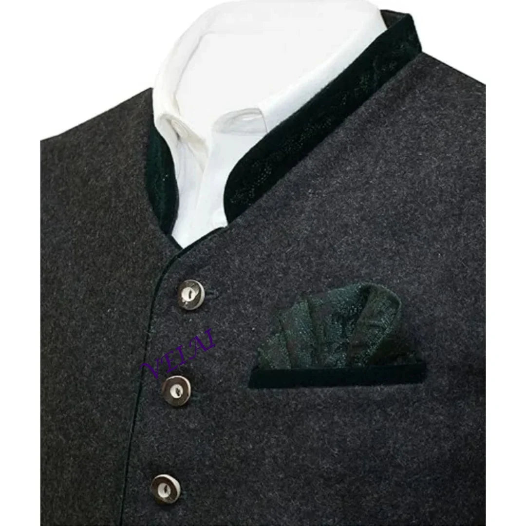CustomizedMen's Elegant Loden Vest - Traditional Sleeveless Gilet w/ Brocade Pocket Square | Anthracite Grey Wedding Waistcoat,