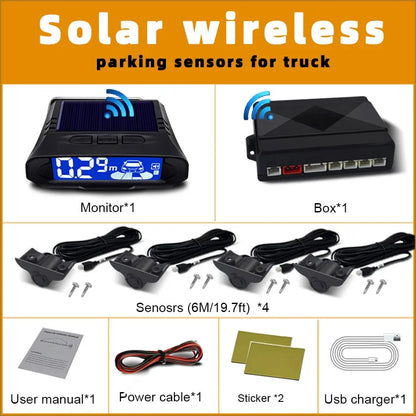 QXNY 24V Wireless Solar Charging 4 Parking Sensors Kit Backup Radar Rear Parktronic for Truck Pickup Van Fifth Wheel RV Camper