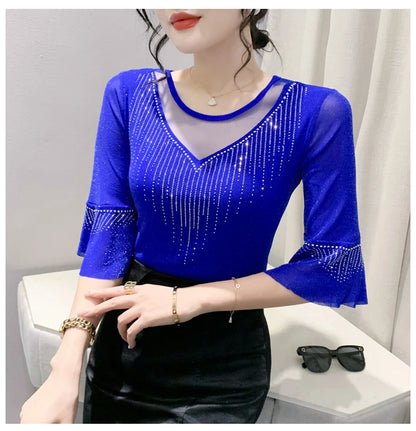 2026 Spring Summer Mesh Tops Korean Fashion Diamond T Shirt Slim 3/4 Sleeve Hollow Out Casual Women Shirt