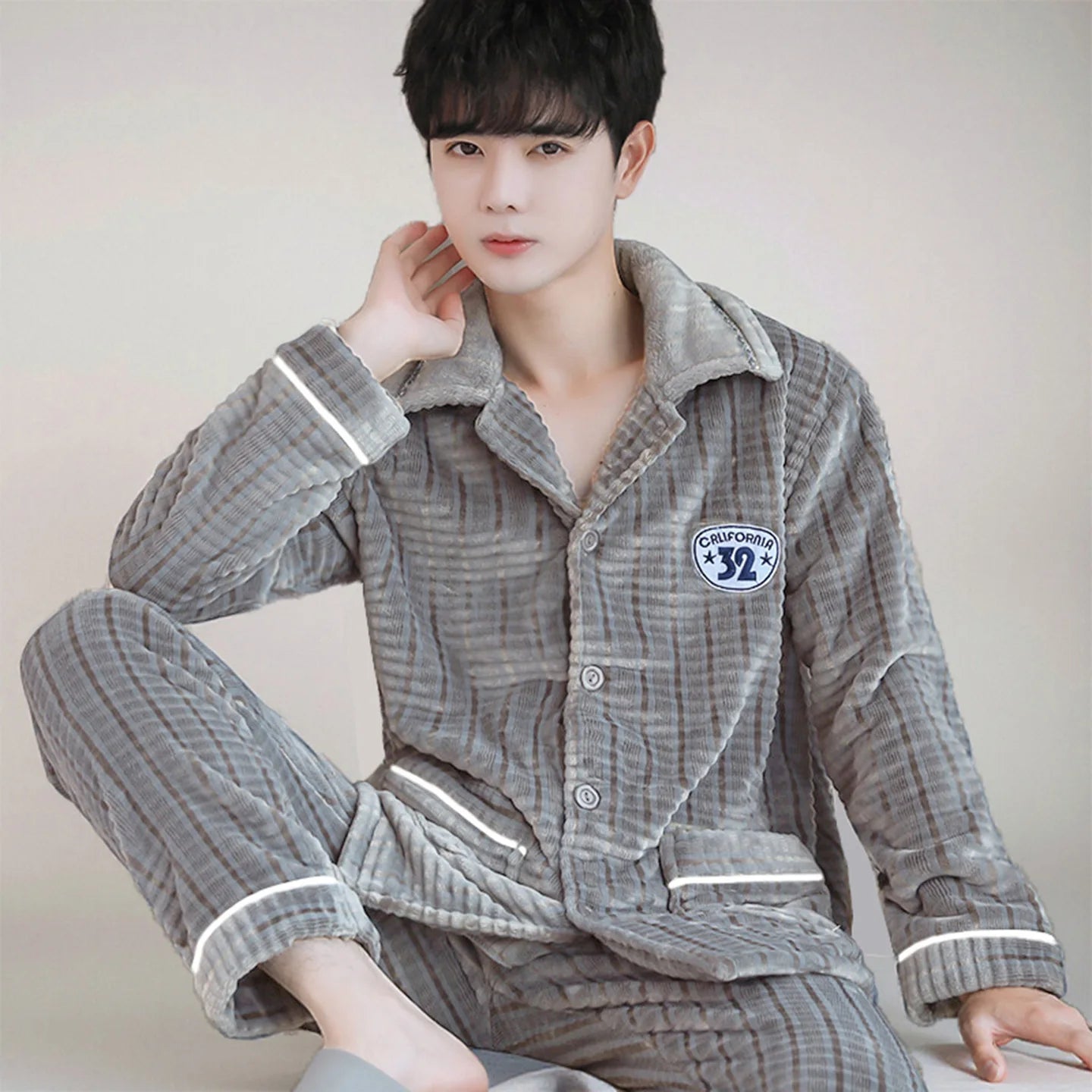 Men's Thickened Flannel Pajamas Coral Fleece Home Clothes Cardigan Set Long Sleeve Long Pants Soft Warm Winter Autumn Sleepwear