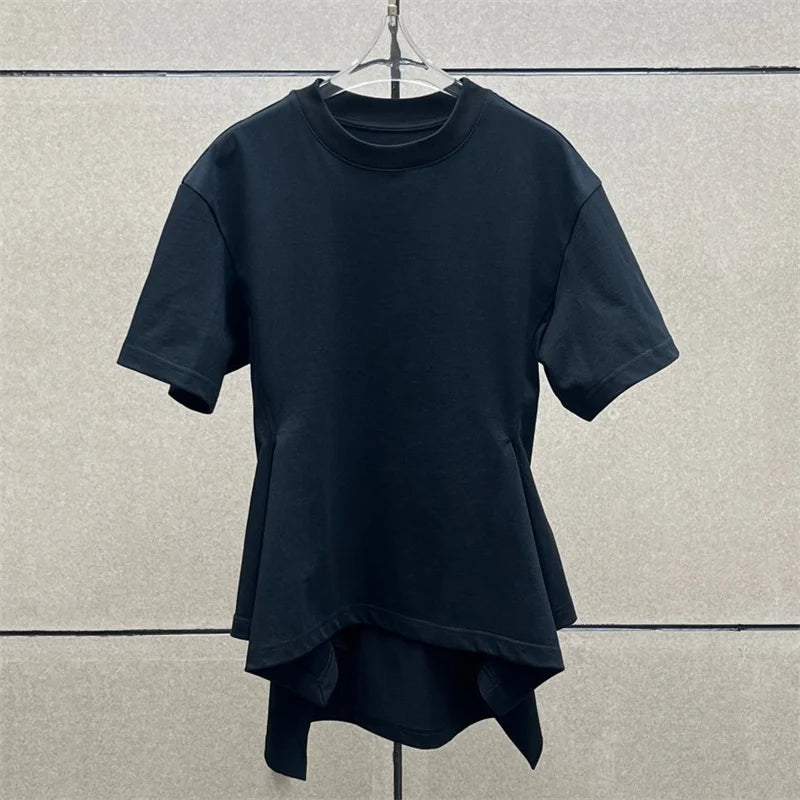 Women's t-shirt New elastic knitted round neck pullover for summer 2026 cotton short sleeved top Waist cinching slim fit corset