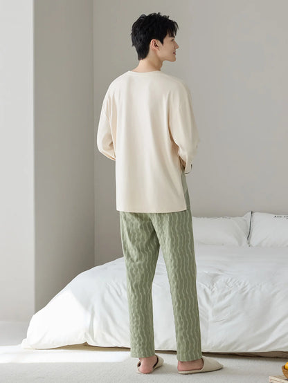 Men's 100% Cotton Long Sleeve Pajama Set, Spring Summer & All Season Plus Size Loungewear, Teen & Adult Pure Cotton Home Suit