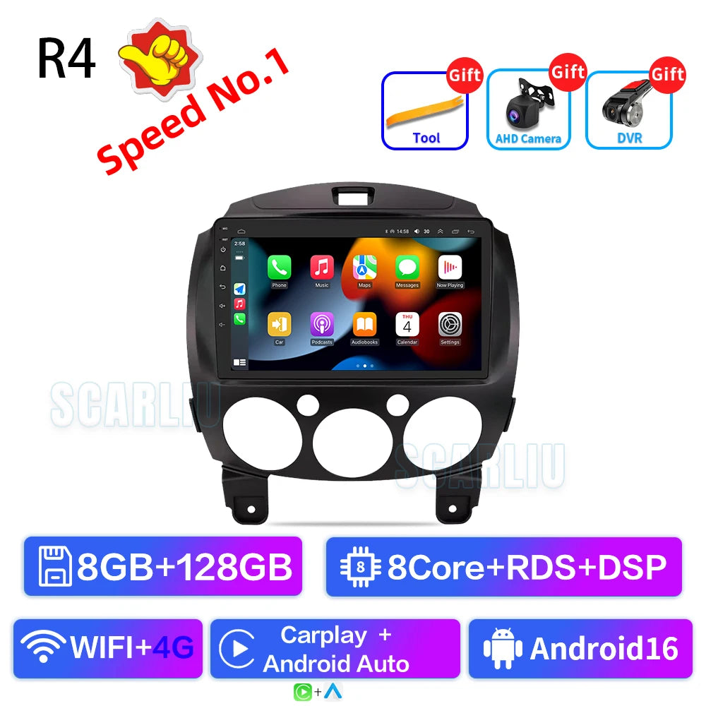 SCARLIU for Mazda 2 2007-2014 Multimedia Video Player 4G WIFI GPS Navigation Carplay DVD Head Unit 2 Din Android 16 Car Radio