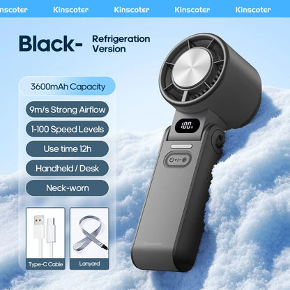 Kinscoter Mini Handheld Cooling Fan LED Display 3600mAh Foldable Portable Fan 100 Wind Speed w/ Lanyard for Outdoor Travel Gift