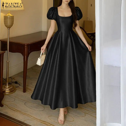 ZANZEA Elegant Chic Women Satin Wedding Guest Party Long Dresses Square Neck Short Puff Sleeve Fitted Waist A-Line Dress S-3XL