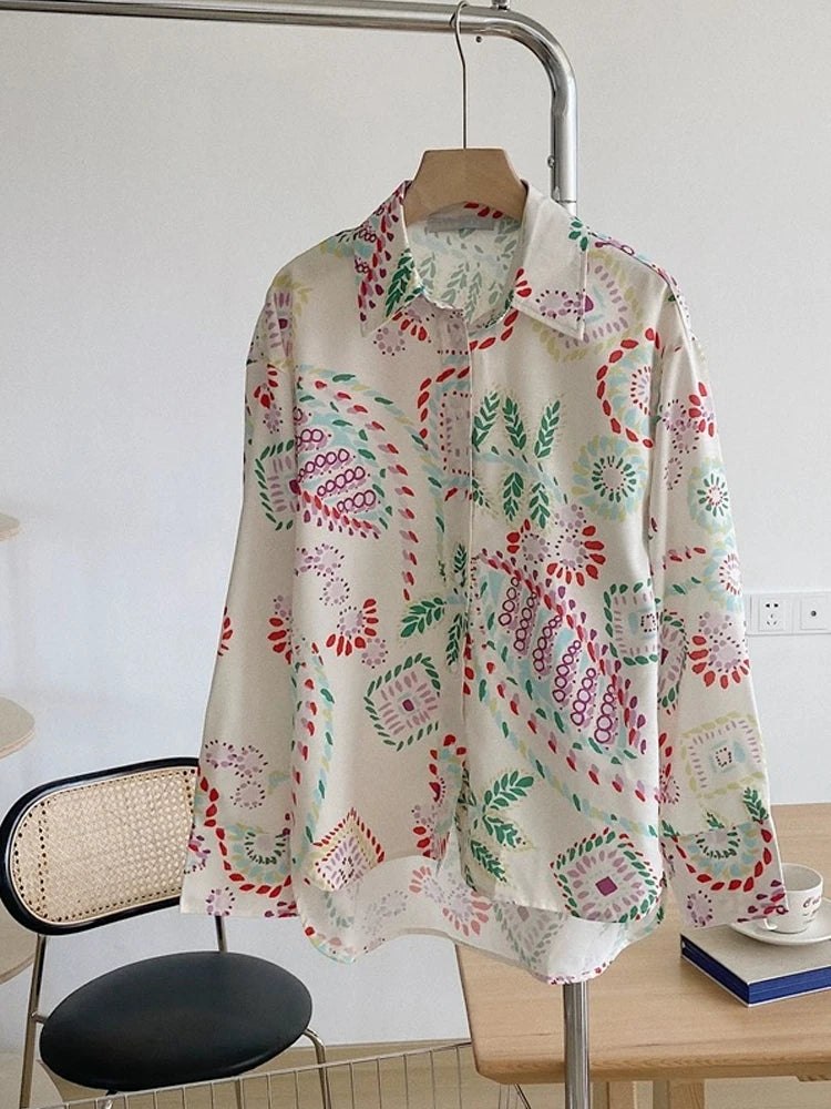 Chic Women's Shirt Vintage Gentle Loose Design Sensation Elegance Korean Style Long Sleeve  Collar Print Casual Fashion