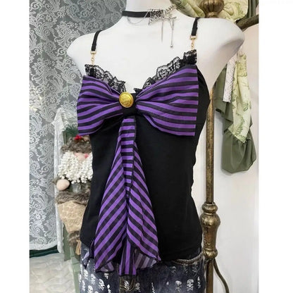 Goth Punk Y2K Clothes 2000s Stripes Lace-up Large Bows Slim Tank Tops Design Tops Streetwear Sexy Camis T-shirts Cute Halter Top