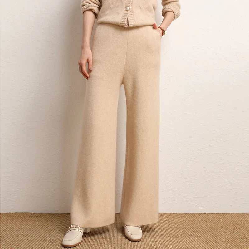 Women's 100% Cashmere Wide Leg Pants Knitted Thick Autumn/Winter Casual Solid Color Elastic Waistband Pockets