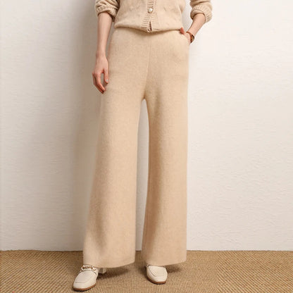 Women's 100% Cashmere Wide Leg Pants Knitted Thick Autumn/Winter Casual Solid Color Elastic Waistband Pockets