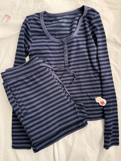 Navy Striped 2 Piece Sets Women Vintage Buttons Cotton Long Sleeve Tee Straight Trousers Home Sweet T-shirt Pant Pajama Set Y2K