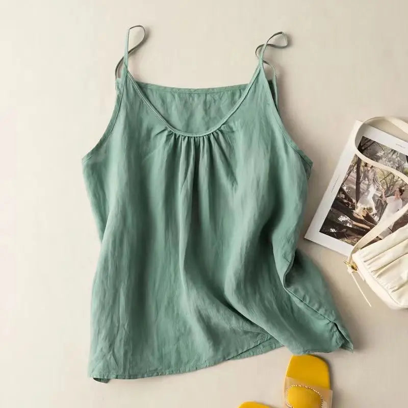 Women's Retro Cotton Linen Tank Top Summer Thin Solid Color Loose Sleeveless Top Female Fashion Casual Basic Vest