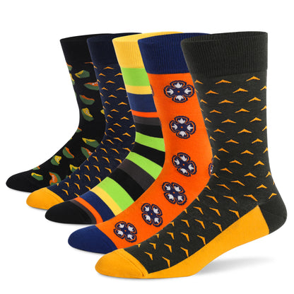 5Pairs Mens Fun Dress Socks, Pattern Funny Socks Pack, Colorful Striped Combed Cotton Novelty Socks，Cool Breathable Casual Socks