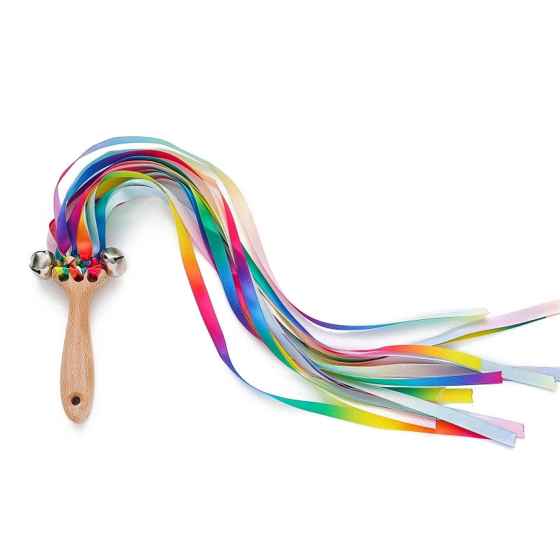Baby Wooden Rattle Printed Ribbon Teether Baby Rattles for Play Gym Wooden Montessori Toys Educational Toys Baby Stuff