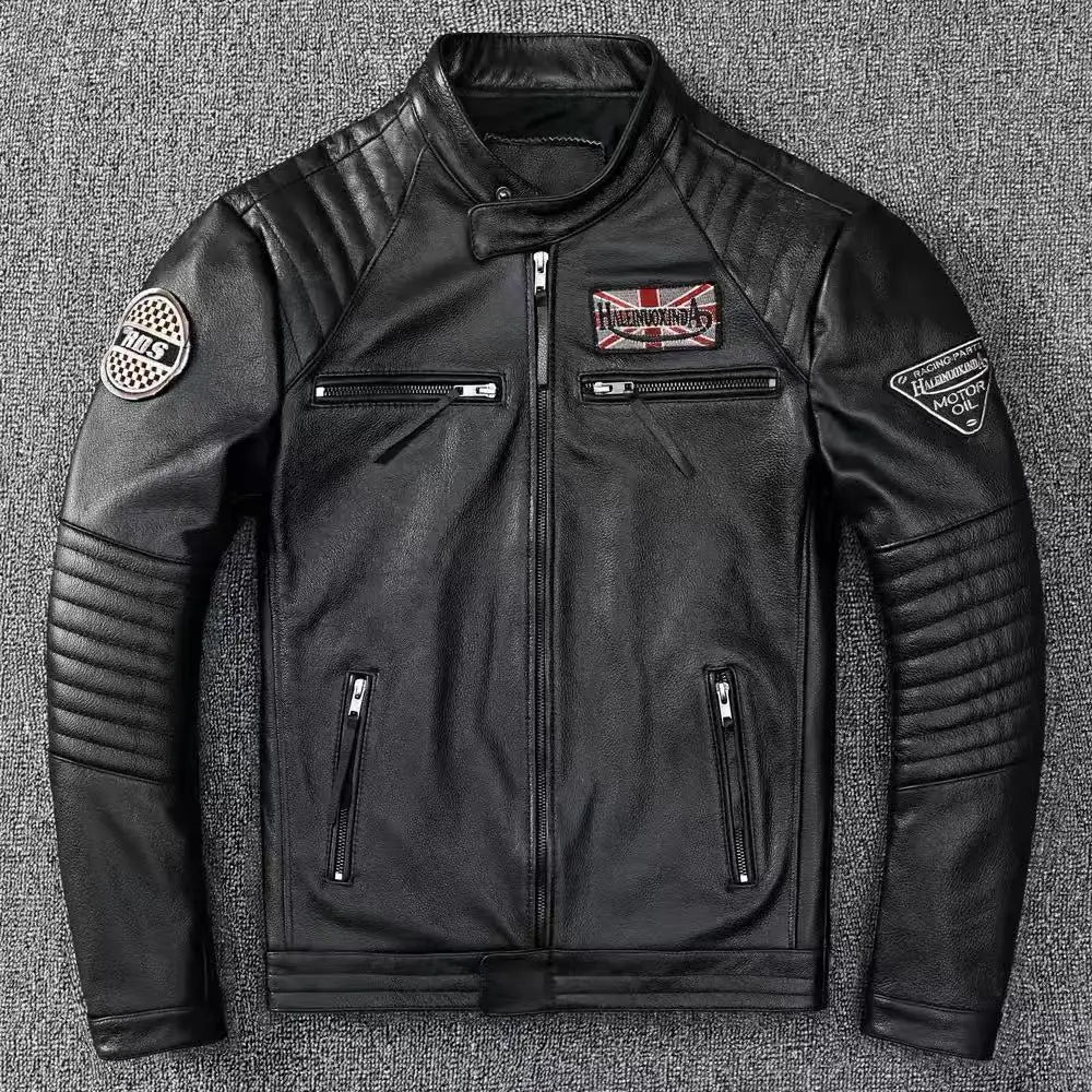 Genuine Cowhide Leather Biker Jacket Men's Slim Fit Short Motorcycle Coat Embroidery
