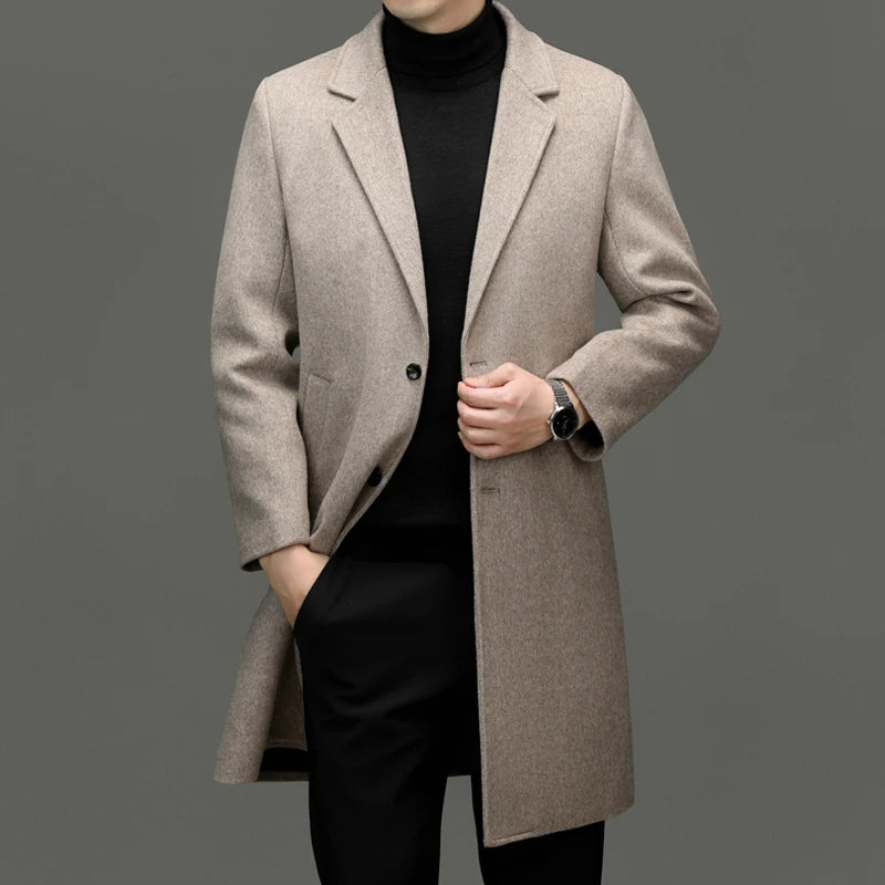 Fall Winter Men Sheep Wool Overcoat Gray Coffee Beige Notched Collar Design Cashmere Coat Male Business Causal Outerwear Office